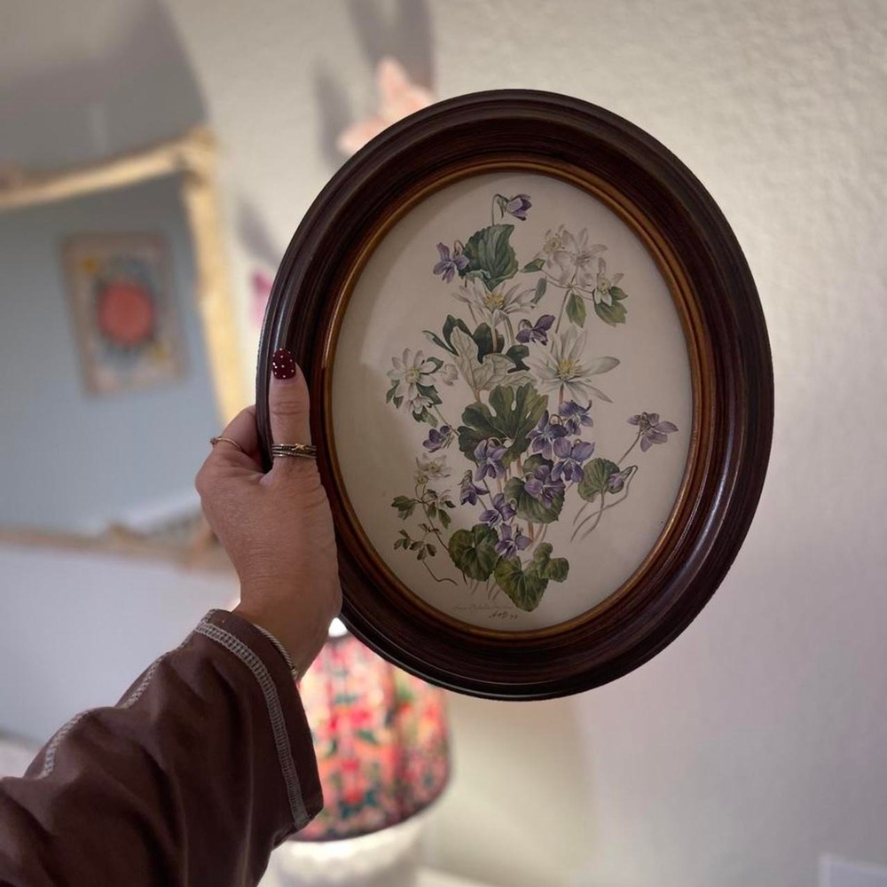 Vintage-Style Oval Botanical Floral Wall Art | Purple Violets + Dark Wood Frame